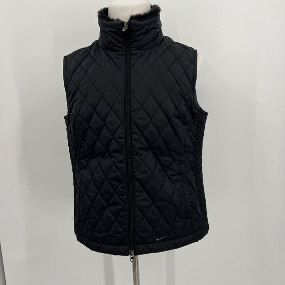 Nike Women's Faux Fur Collar Zip-Up Quilted Vest XL Extra Large Black - Picture 5 of 9